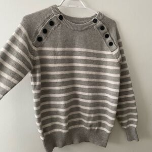 Striped Crewneck Button-Shoulder Sweater in Gray and White
